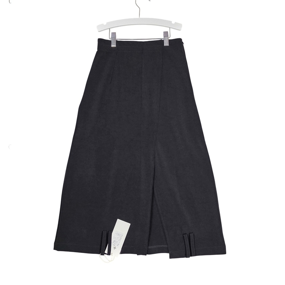 Wrap Front Midi Skirt Slit Elastic Waist Hoop Accents Womens Size M Black NEW